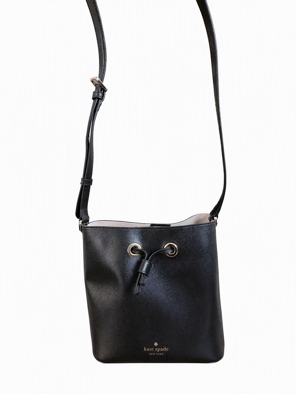 kate spade Black Leather Drawstring Bucket Crossbody Bag